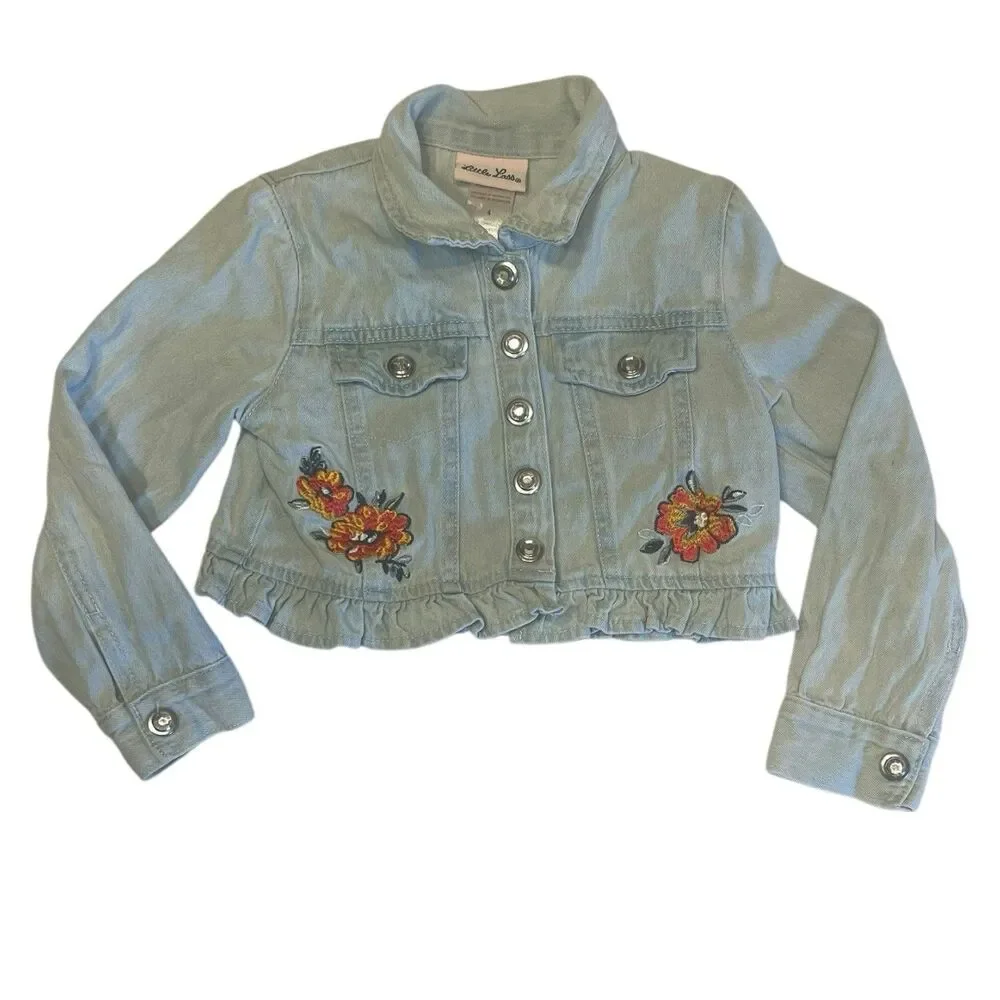 Girls Jean Jacket Size 4 Light Wash Floral Embroidered Ruffle Hem Cute Layer